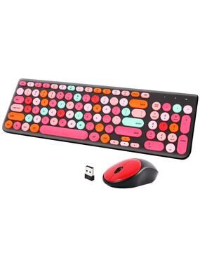 Wireless Keyboard Mouse Combo Set Retro Round Keycaps 2.4G Multicolor Black Red